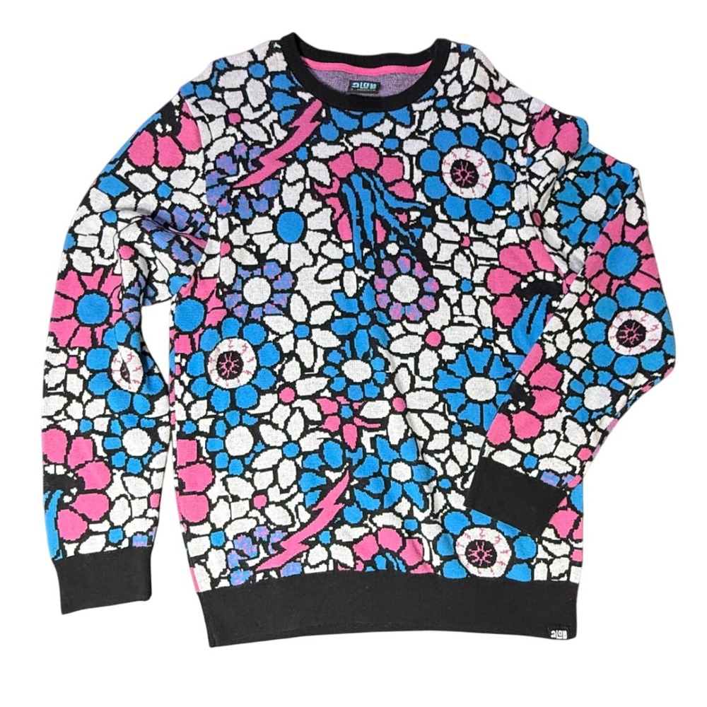 ALB Floral Eye Graphic Sweater Size L‎ Blue Pink White Black Knit Pullover